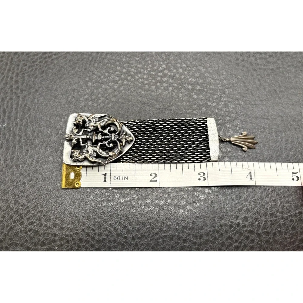 Vintage Silver Tone Ornate Baroque Mesh Brooch Pin with Shell Charm